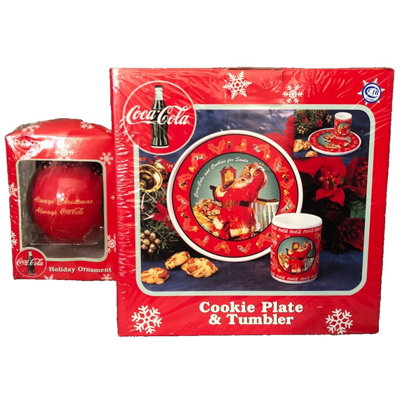 Vintage 1998 Coca Cola Santa Cookie Plate & Tumbler w/ Holiday Ornament NIB - Picture 3 of 6